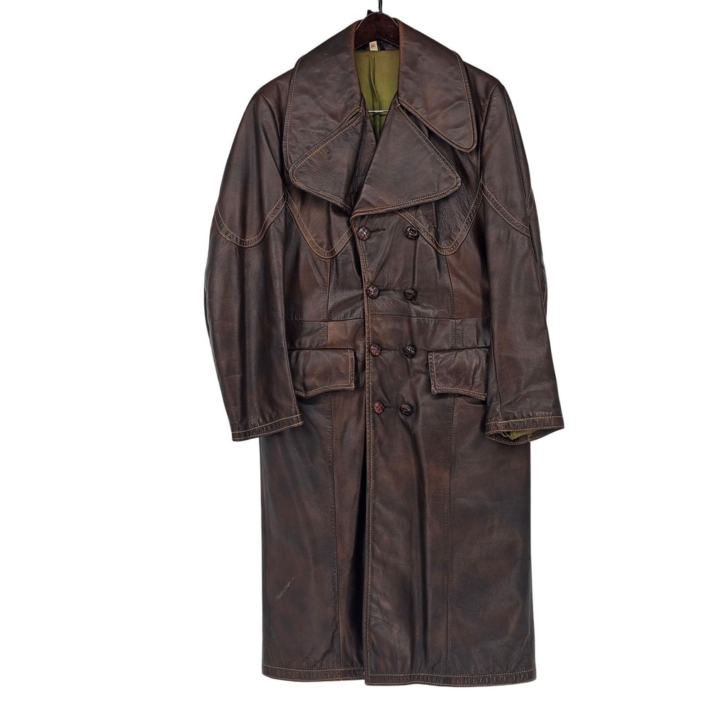 Vintage 70s Richman Brothers Leather Trench Coat 38 Brown Western Disco Retro US